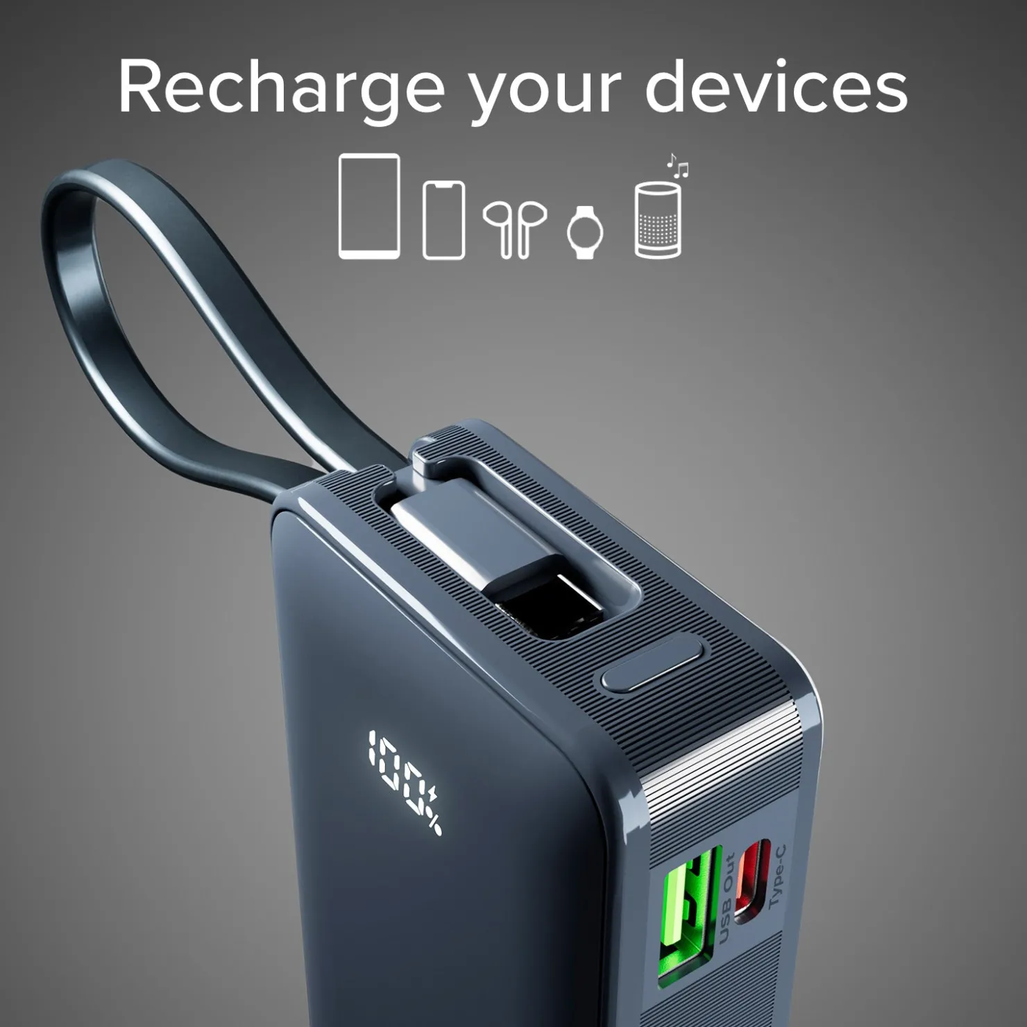 10.000 mAh-Powerbank mit integriertem USB-C Kabel|SBS Outlet