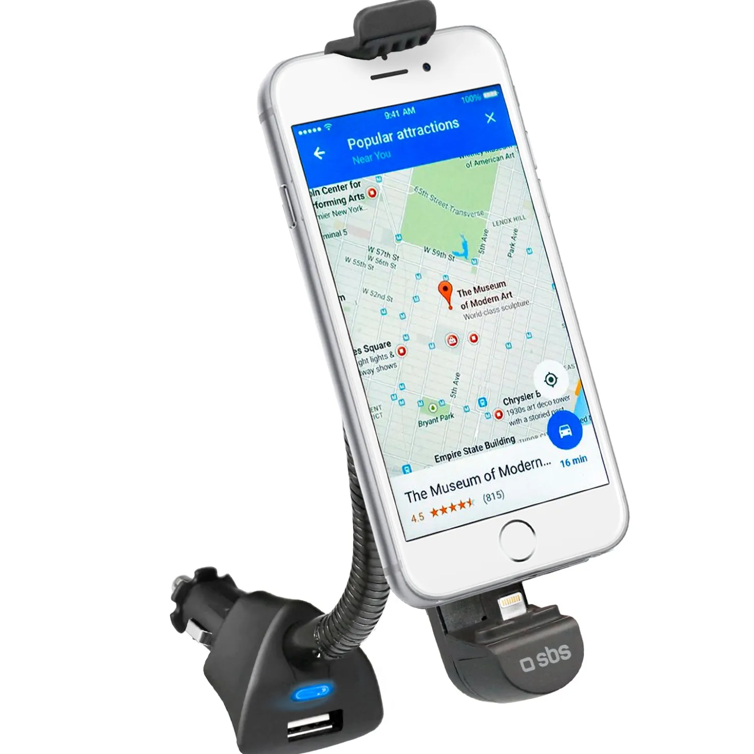 Autohalterung mit Blitzlicht-Anschluss und USB-Port für iPhone bis 5,5"|SBS Outlet
