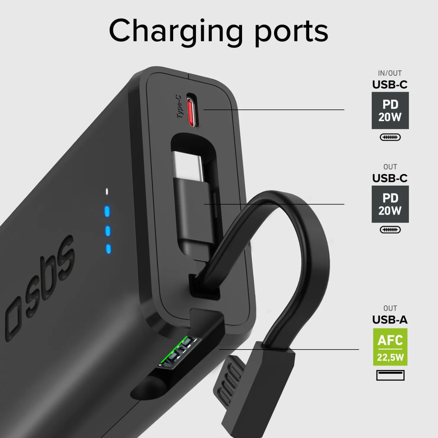 Powerbank Power Delivery 20 W 10000 mAh mit integriertem USB-C-Kabel|SBS Clearance