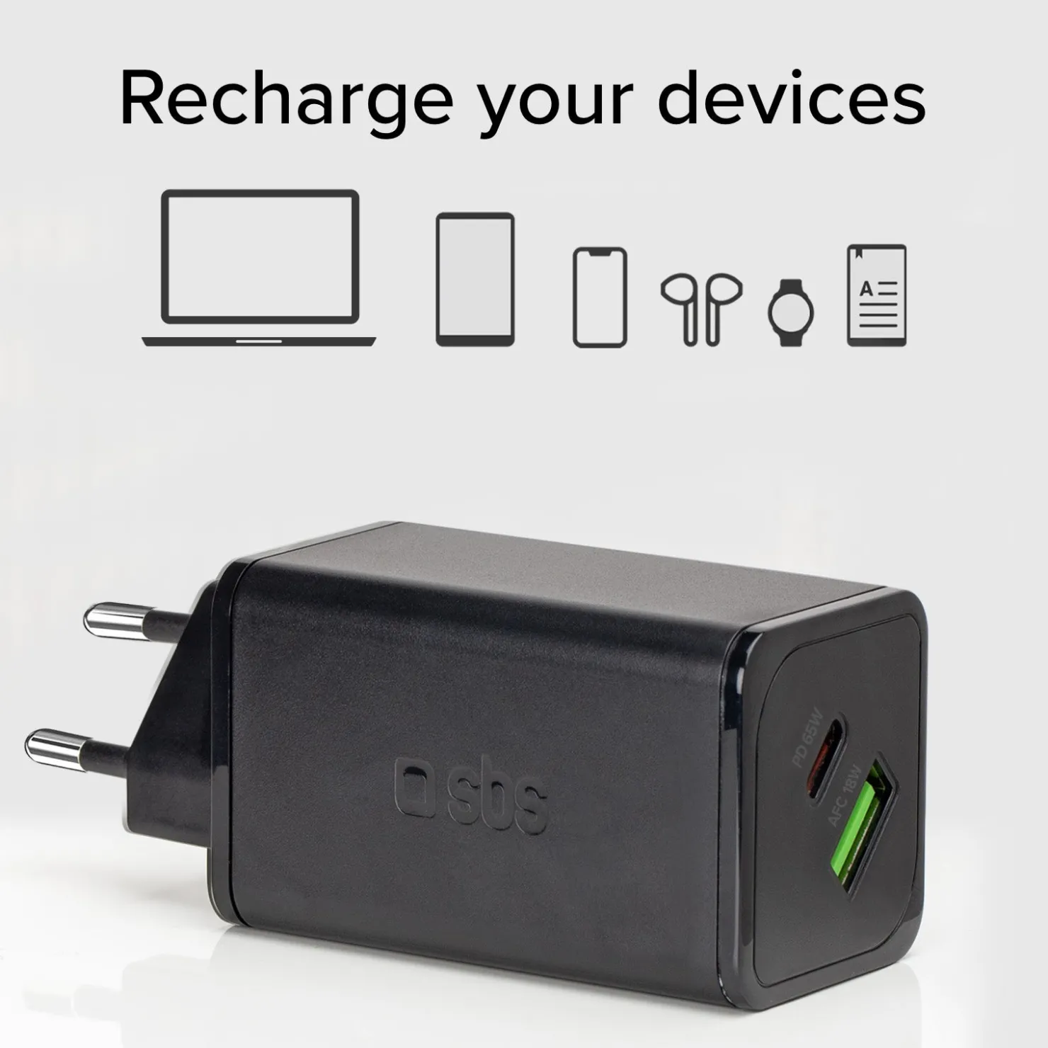 65-Watt-GaN-Wandladegerät mit einem USB-C-Power-Delivery- und einem USB-A-Adaptive-Fast-Charge-Ausgang|SBS Discount